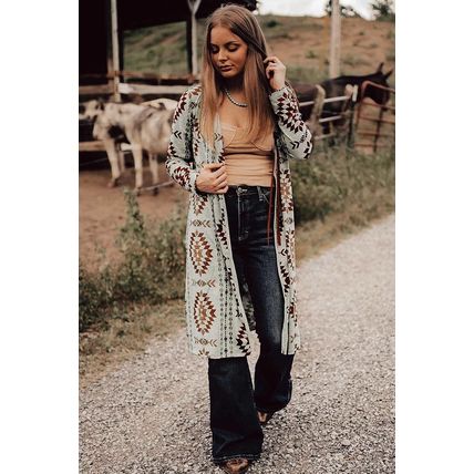 Brown Western Aztec Printed Open Front Long Cardigan