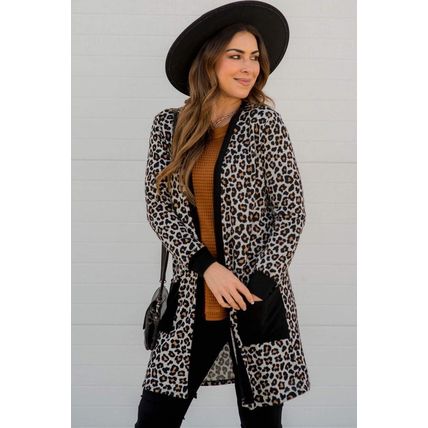 Black Leopard Patched Pocket Open Front Cardigan