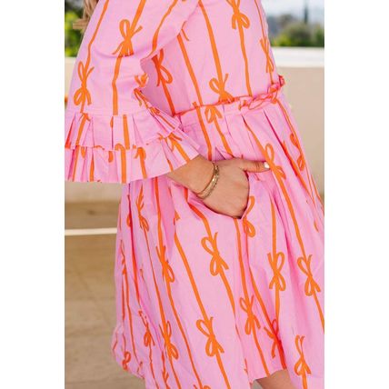 Pink Bowknot Striped Printed Tiered Ruffled Mini Shirt Dress