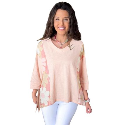Pink Flower Patchwork Exposed Seam Oversized High Low Top