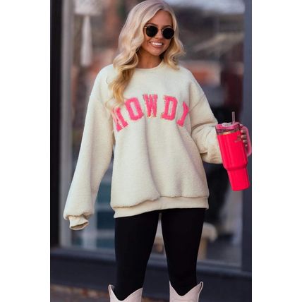 Beige Sherpa HOWDY Patched Pullover Sweatshirt