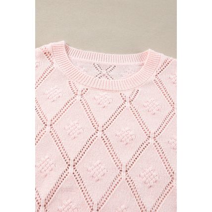 Gossamer Pink Openwork Plaid Puff Sleeve Cropped Sweater