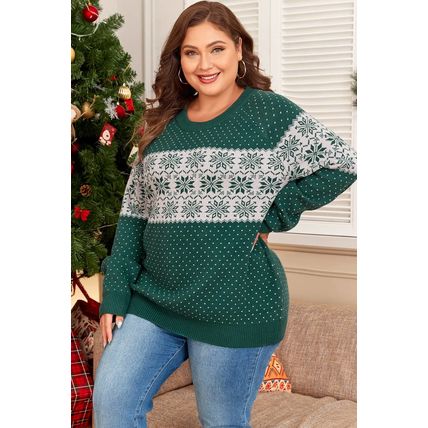 Green Christmas Snowflake Pattern Drop Shoulder Plus Size Sweater
