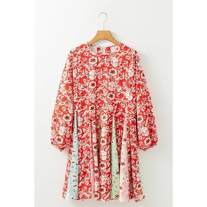 Red Colorful Floral Patchwork Long Sleeve Pleated Mini Dress