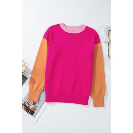 Bonbon Three Tone Contrast Round Neck Loose Sweater