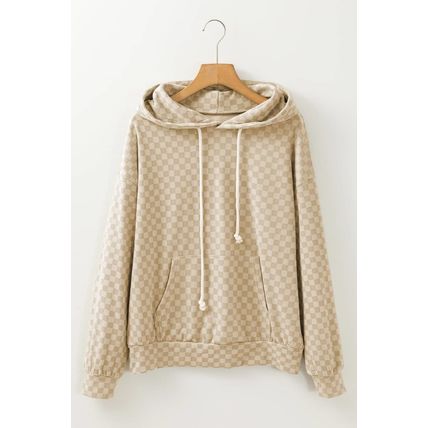 Khaki Checkered Print Kangaroo Pocket Drawstring Hoodie