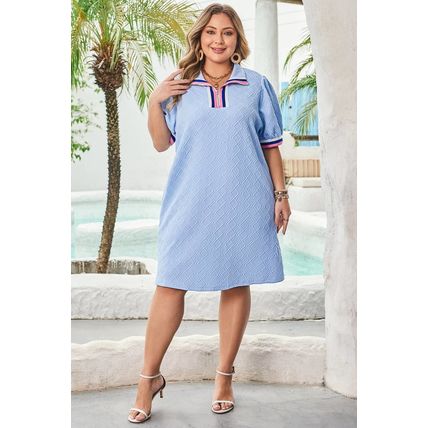 Beau Blue Contrast Striped Trim Zipped Stand Collar Textured Puff Sleeve Plus Si