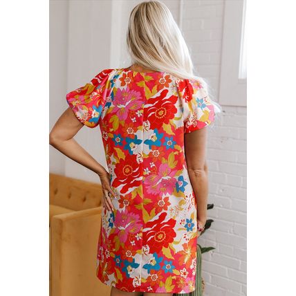 Pink Floral Print Bubble Short Sleeve Dress