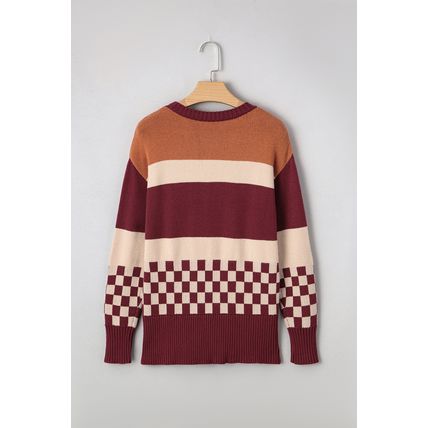 Brown Checkered Color Block Knitted Drop Shoulder Sweater