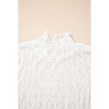 Beige Sheer Mesh Patterned Lettuce Trim Slim Long Sleeve Top