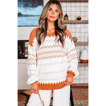 Khaki Zigzag Geometric Pattern Knitted Pullover Sweater