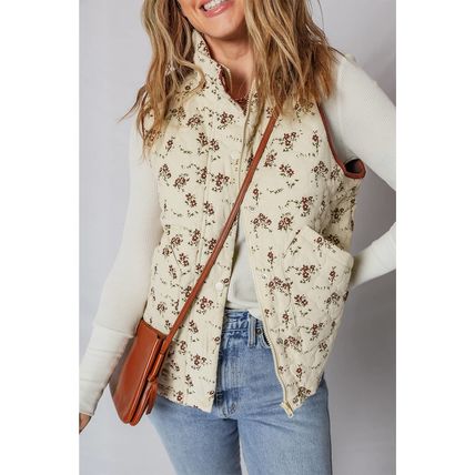 Apricot Floral Print Zip Up Quilted Vest