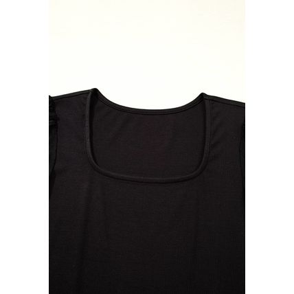 Black Polka Dot Mesh Puff Sleeve Patchwork Ribbed Square Neck Slim Top