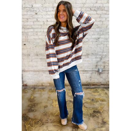 Brown Stripe Crew Neck Drop Shoulder Pullover Sweatshirt