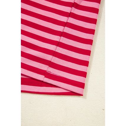 Strawberry Pink Mix Striped Drop Shoulder Patchwork Sleeve V Neck Pullover
