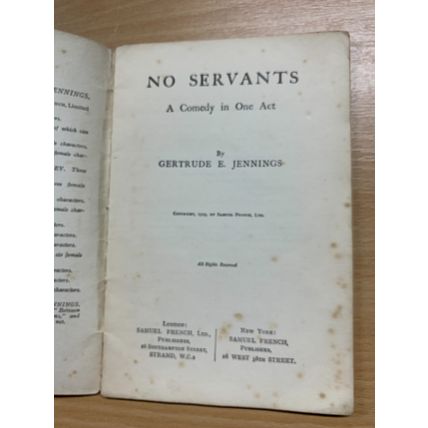 c1920s GERTRUDE E JENNINGS NO SERVANTS DRAMA PLAY SMALL THIN PAPERBACK BOOK (LL)