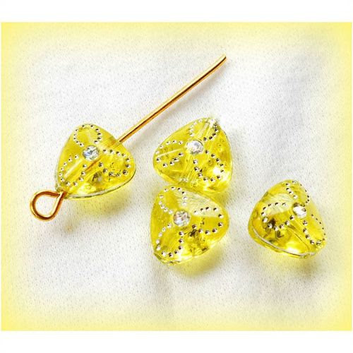 25 no. Love Heart Yellow Silver Pattern 10 mm Beads Jewellery Making 2029