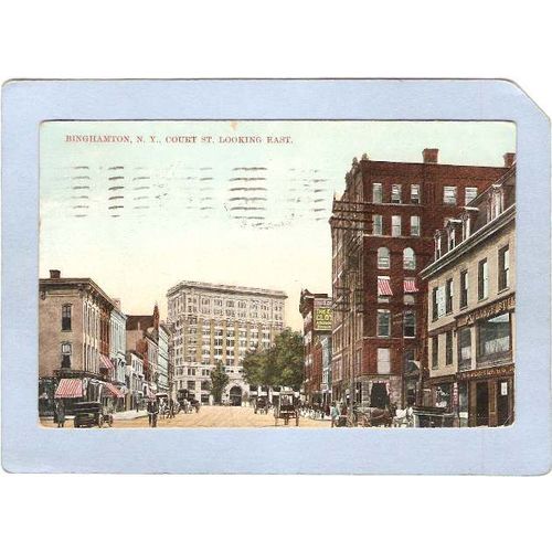 New York Binghamton Court St Looking East Street Scene w/Old Car Horses & ~825
