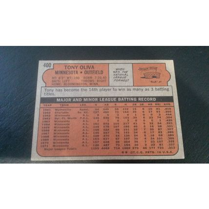 1972 Topps Card # 400 Tony Oliva Excellent (5) Minnesota Twins