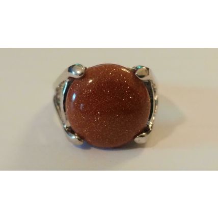 Gold Stone Ring Silver Overlay Round Natural GoldStone 14mm Stone Size 6