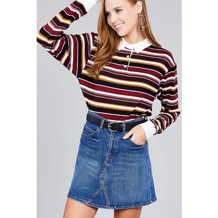 Women's Plus Size Burgundy Long Sleeve Striped Shirt (1XL)