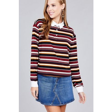 Women's Plus Size Burgundy Long Sleeve Striped Shirt (1XL)