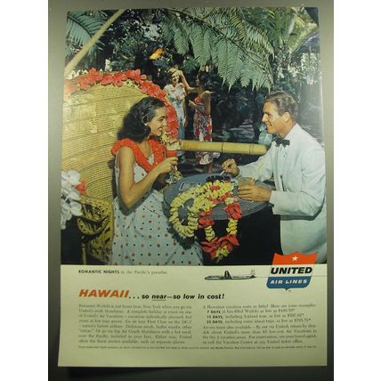 1957 United Air Lines Ad - Romantic Nights in the Pacific's Paradise Hawaii
