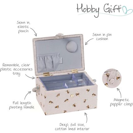 HobbyGift Medium Sewing Box (Embroidered) - Bee Design - High Quality Storage