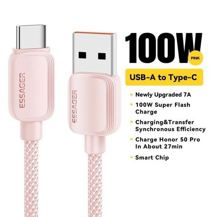 ESSAGER 7A High Power Flash Charge 100W Fast Charging & Data Cable - PINK