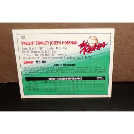 DONRUSS 1992 VINCE HORSMAN THE ROOKIES CARD #53