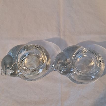 Indiana Glass Heavy 2 Clear CRYSTAL SLEEPING CAT Votive tea light Candle Holder