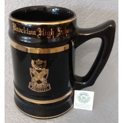 VINTAGE BROCKTON MASSACHUSETTS HIGH SCHOOL NAVY BLUE CERAMIC & GILT TANKARD