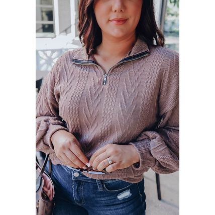 Plus Size Textured Knit Zip Neck Pullover