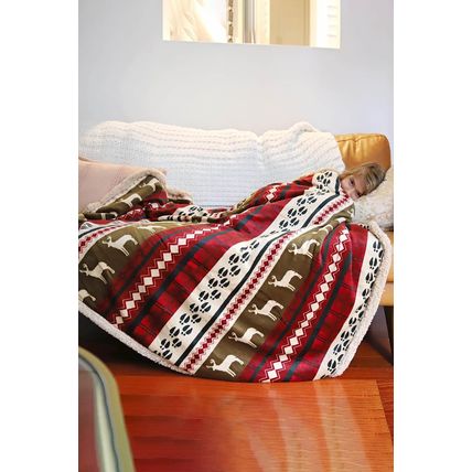 Dark Green Christmas Elk Print Reversible Sherpa Fleece Blanket 130*150cm