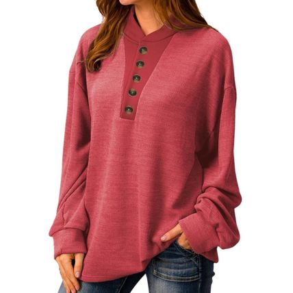 Red Plain Buttoned Henley Sweatshirt