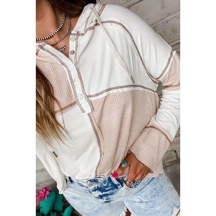 Multicolor Colorblock Seamed Ribbed Henley Hoodie