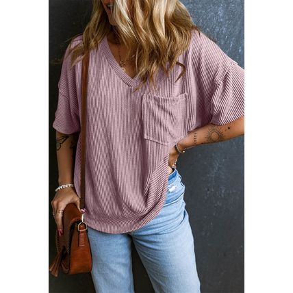 Valerian Corded V Neck Chest Pocket Loose T-shirt