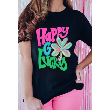 Black Happy GO Lucky Clover Print Crew Neck T Shirt