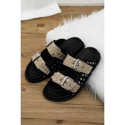 Black Retro Buckle Rivet Detail 2-tone Patched PU Slippers