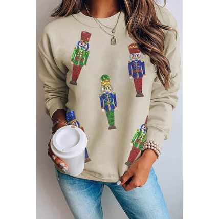 Khaki Sequined Nutcracker Doll Casual Sweatshirt