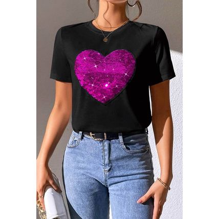 Black Valentine Two Tone Sequined Heart Shaped Graphic T Shirt
