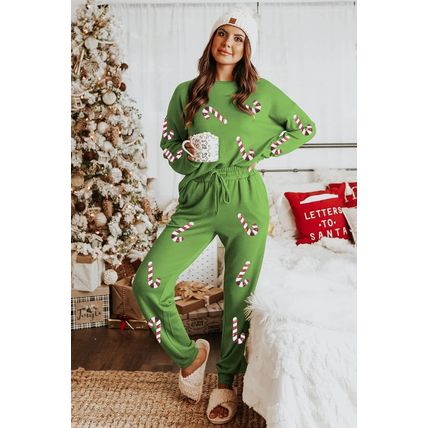 Spinach Green Sequined Christmas Cane Pattern Lounge Sweatsuit