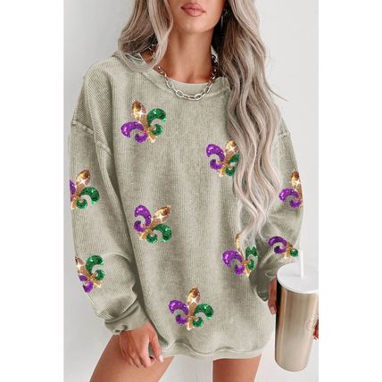 Green Glitter Mardi Gras Symbol Corded Baggy Sweatshirt