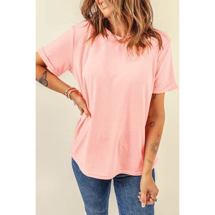 Pink Casual Plain Crew Neck Tee