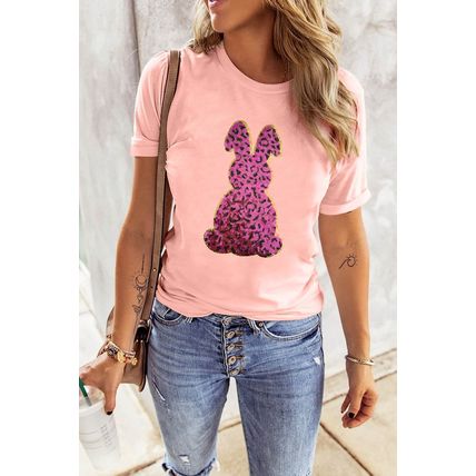 Pink Sequined Leopard Bunny Easter Graphic Tee
