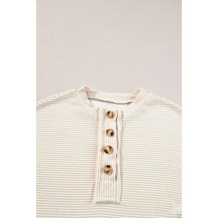 Apricot Corded Texture Lantern Sleeve Buttons Henley Sweatsuit
