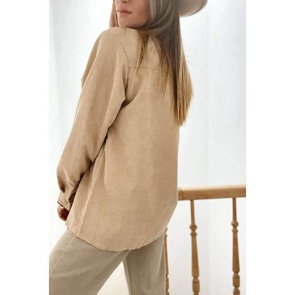 Light French Beige Solid Frilled Flap Pocket Button Up Corduroy Shacket