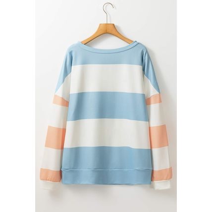 Light Blue Colorblock Striped Drop Shoulder Long Sleeve Top