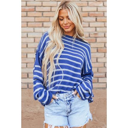 Sky Blue Stripe Drop Shoulder Casual Sweater