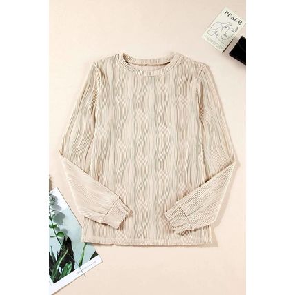 Apricot Textured Wavy Round Neck Long Sleeve Top